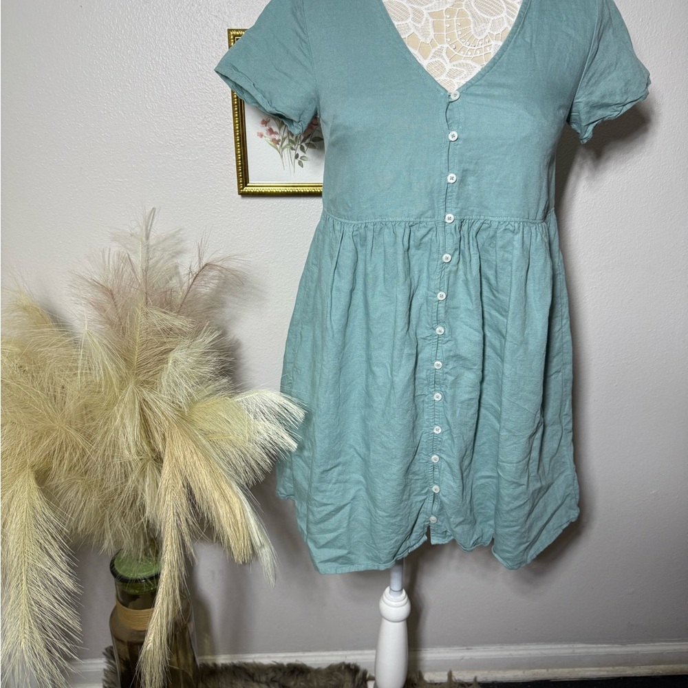 Madewell Green Puff Sleeve V-Neck Sundress